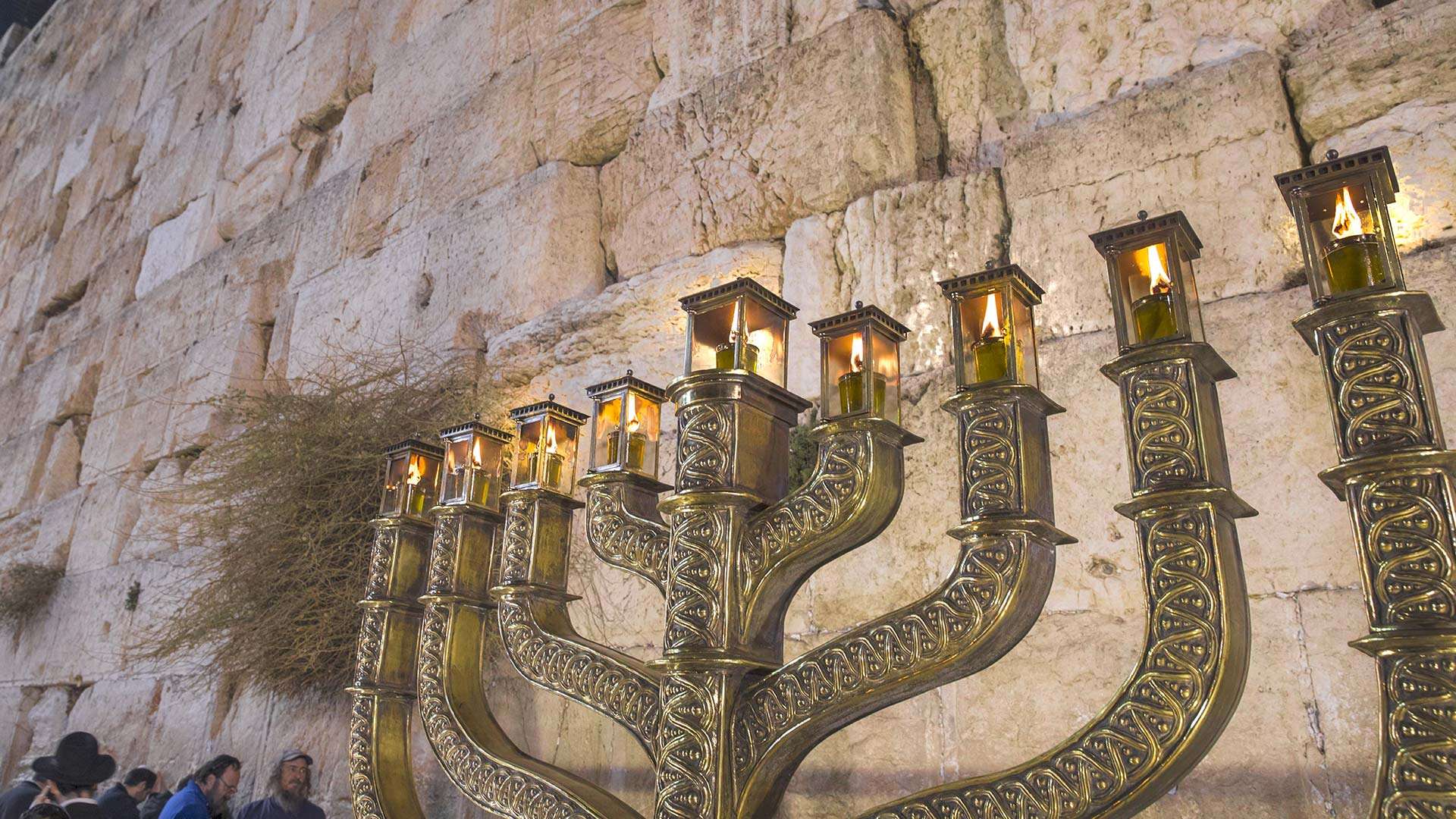 A massive lit Menorah during Hanukkah at the Western Wall in Jerusalem